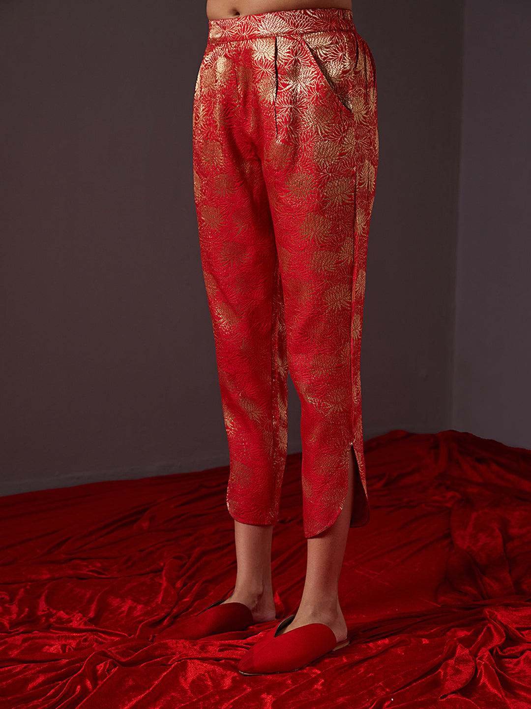 Curved U hem Banarasi zari pants -scarlet red