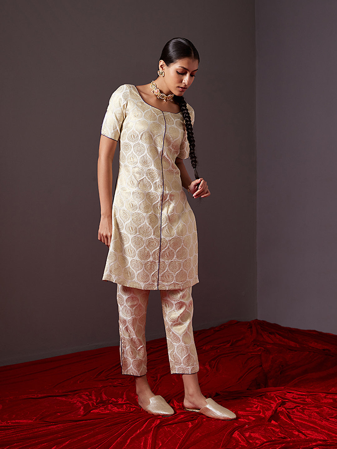 Side slit Banarasi zari pant- pearl white