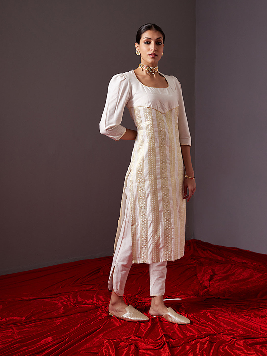 Scoop neck banarasi zari straight kurta with Curved U-hem pants