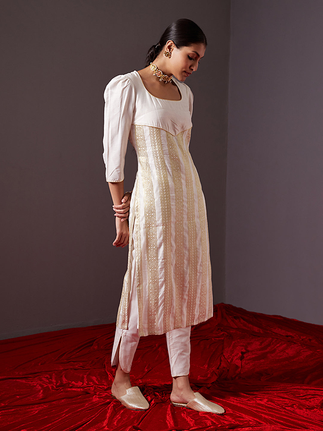 Scoop neck banarasi zari straight kurta with Curved U-hem pants