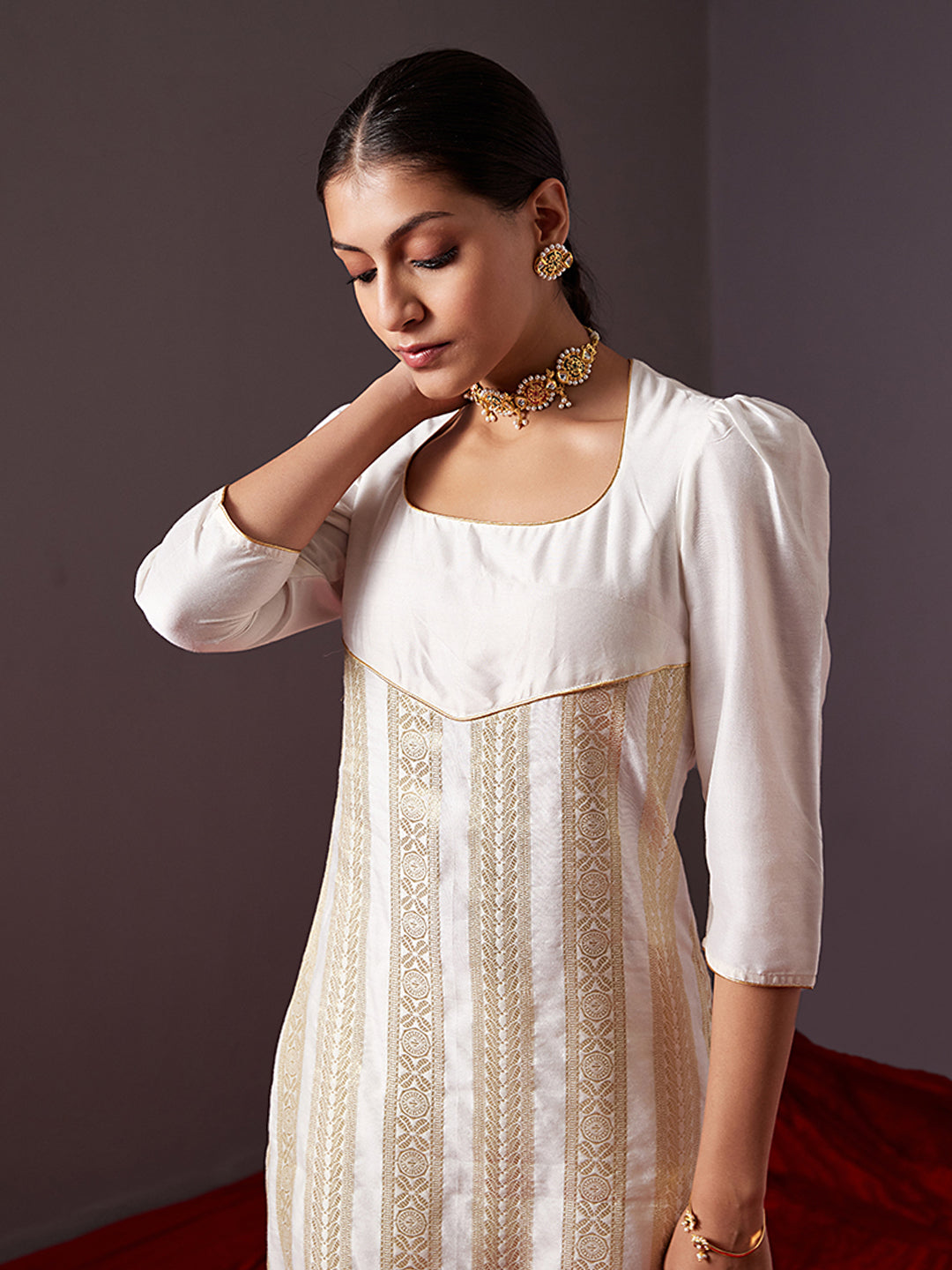 Scoop neck banarasi zari straight kurta with Curved U-hem pants