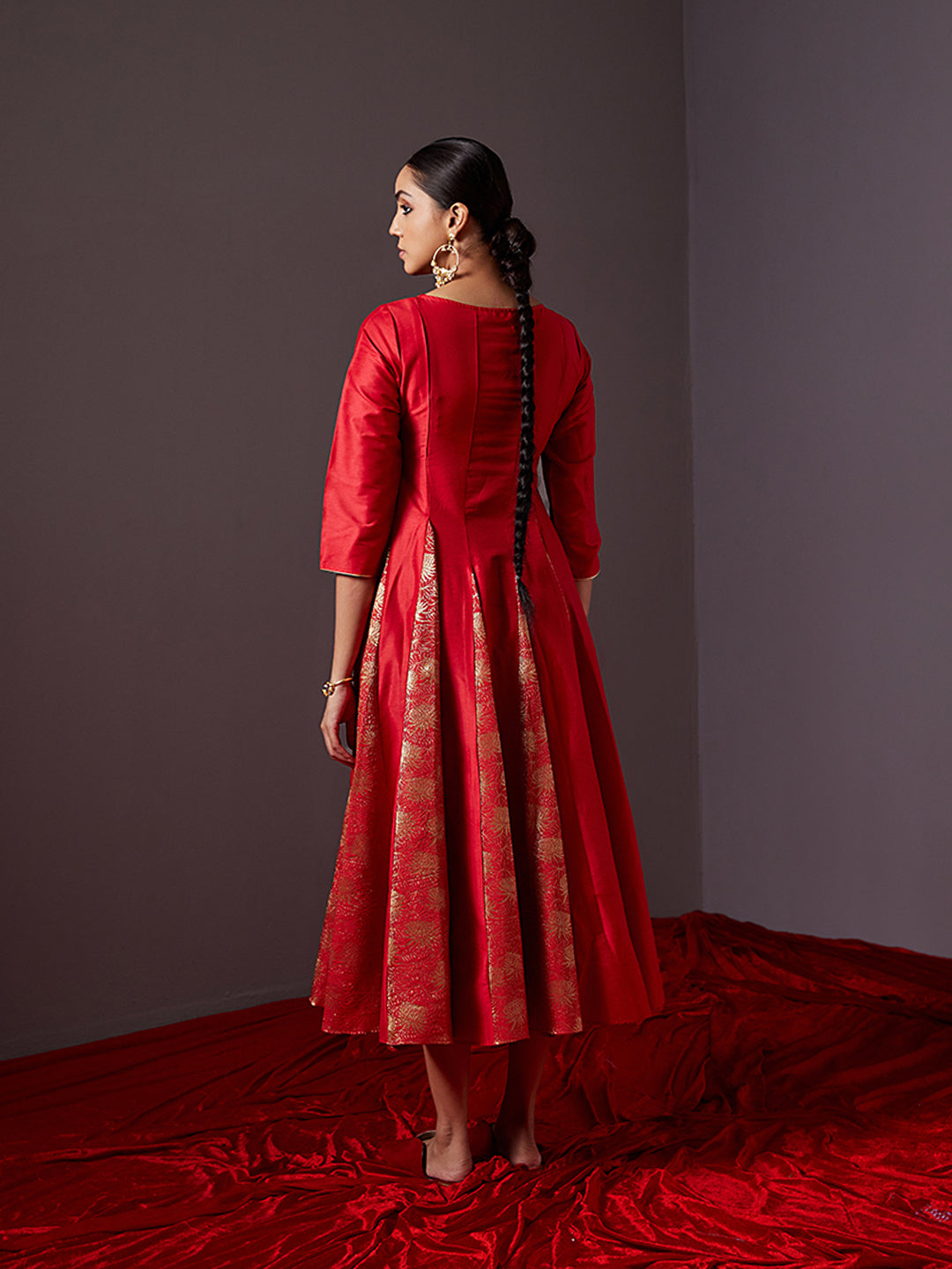 Banarasi zari godet flared dress-scarlet red