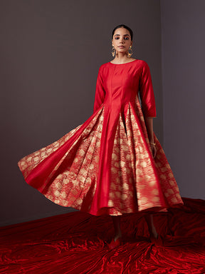 Banarasi zari godet flared dress-scarlet red