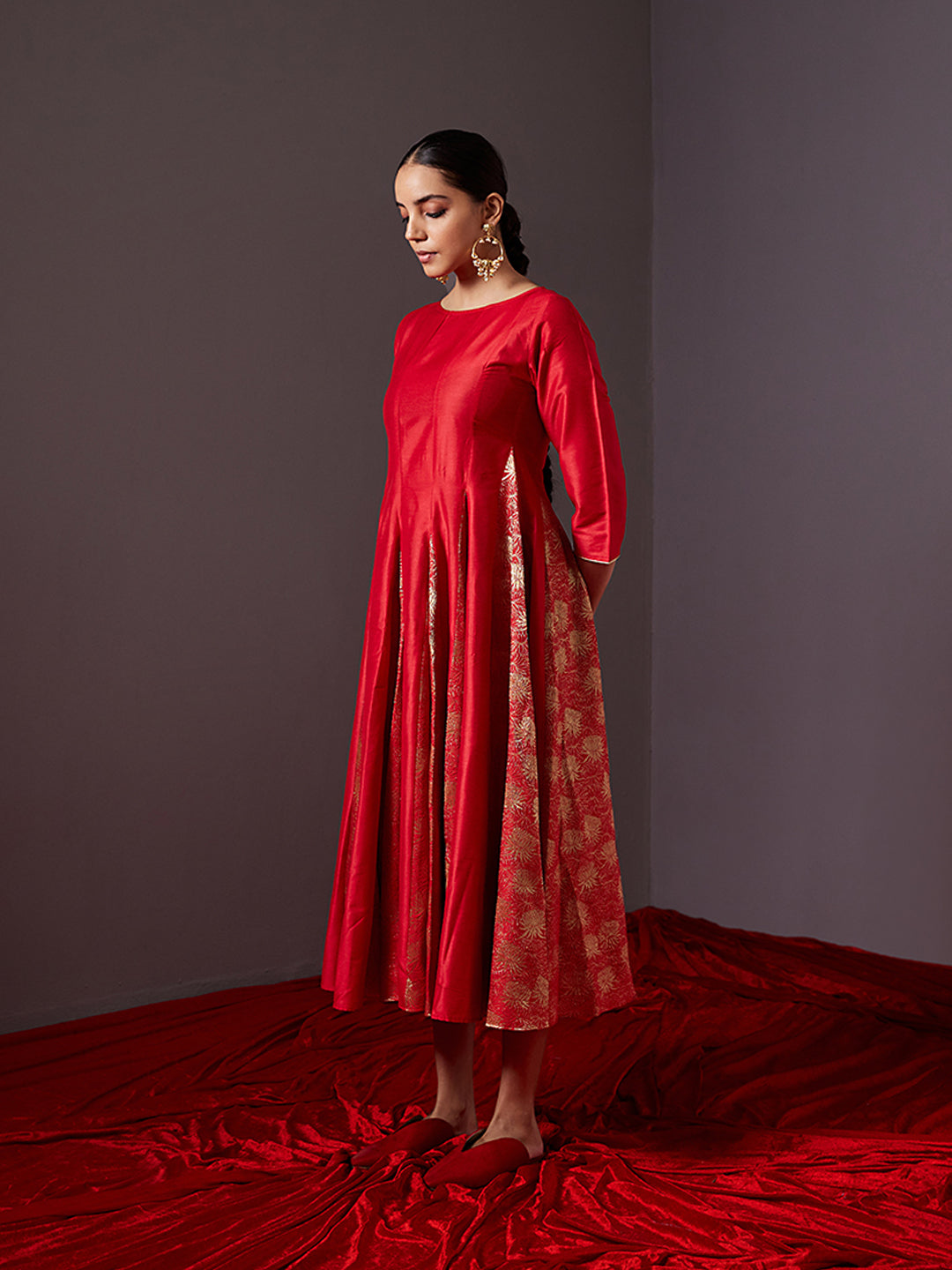 Banarasi zari godet flared dress-scarlet red