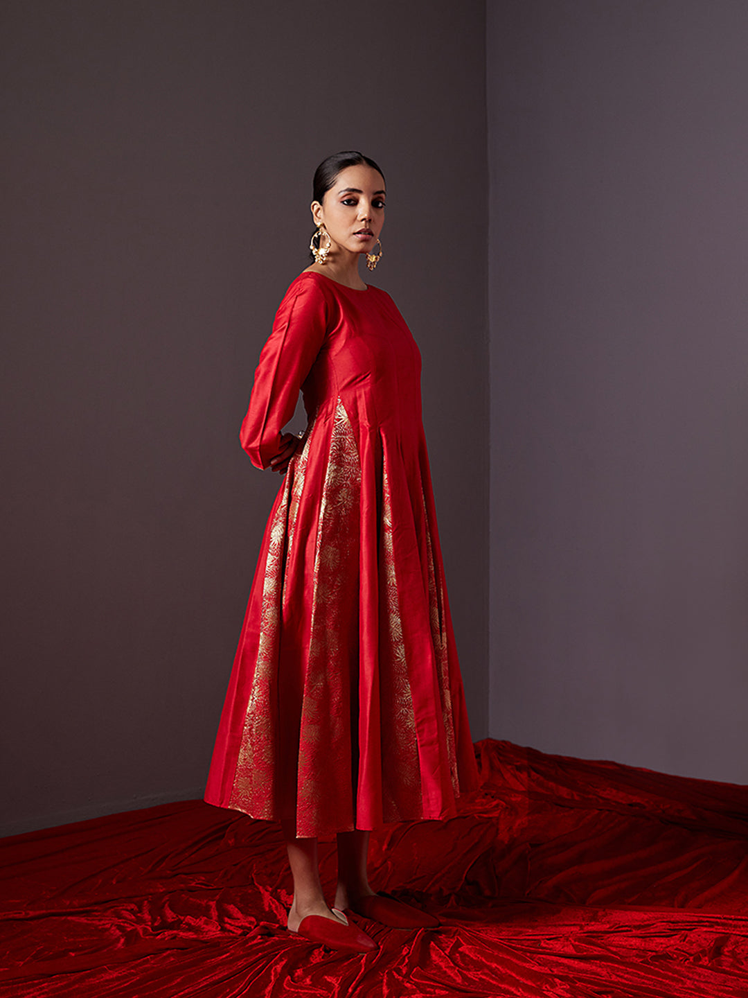 Banarasi zari godet flared dress-scarlet red