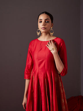 Banarasi zari godet flared dress-scarlet red