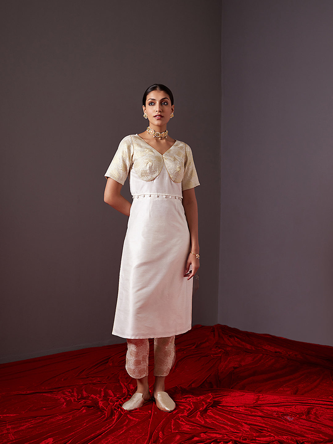 Banarasi Kurta with detachable zari blouse -pearl white