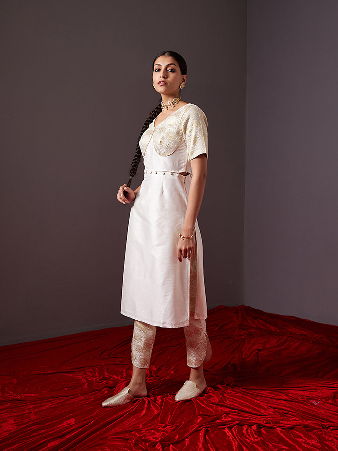 Banarasi Kurta with detachable zari blouse -pearl white