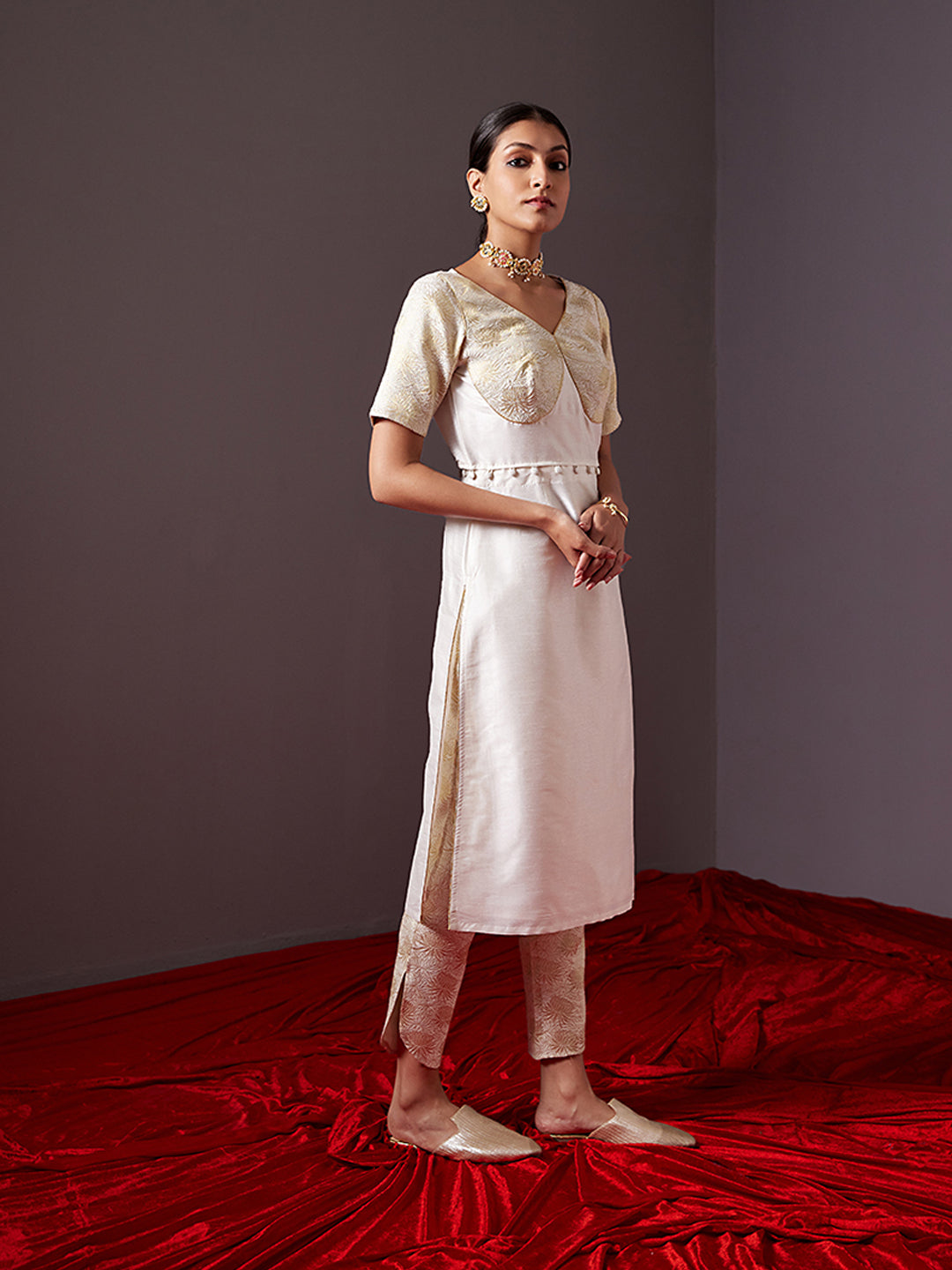 Banarasi Kurta with detachable zari blouse -pearl white