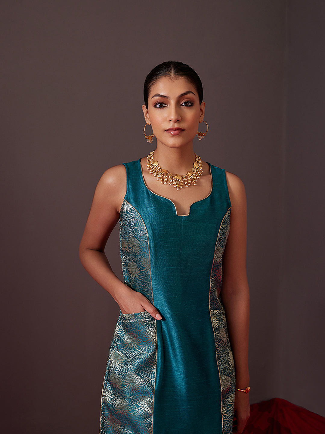 Banarasi zari paneled kurta with front pockets- Teal Blue