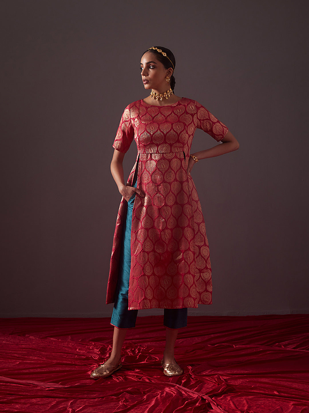 Banarasi zari overlapped kurta with front slits-Fuschia pink