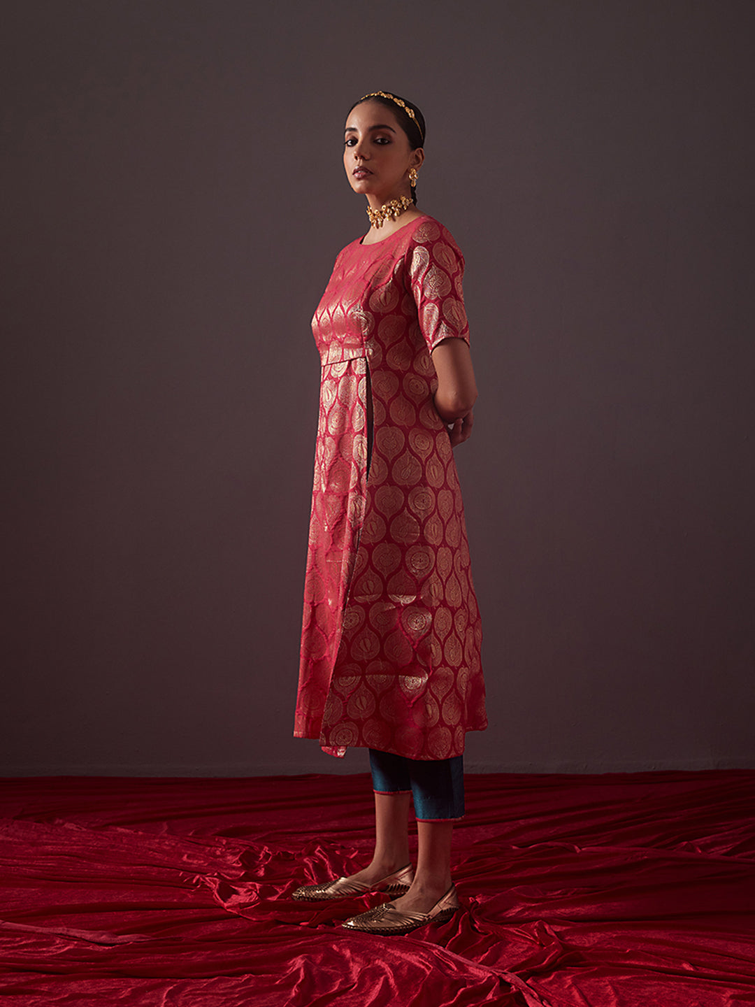 Banarasi zari overlapped kurta with front slits-Fuschia pink