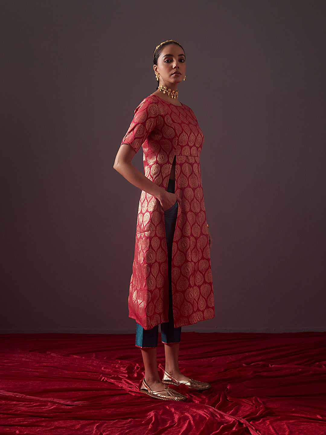Banarasi zari overlapped kurta with front slits-Fuschia pink