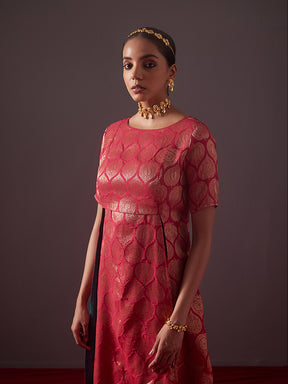 Banarasi zari overlapped kurta with front slits-Fuschia pink