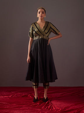 overlapped zari Banarasi Circular Kurta-metallic black