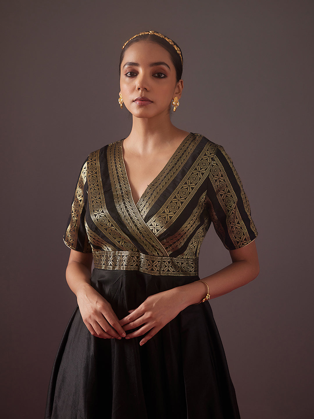overlapped zari Banarasi Circular Kurta-metallic black