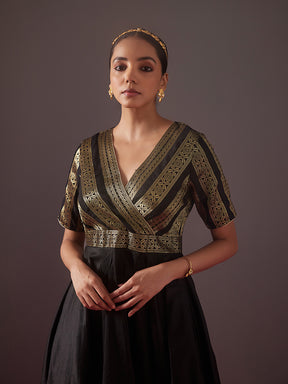 overlapped zari Banarasi Circular Kurta-metallic black