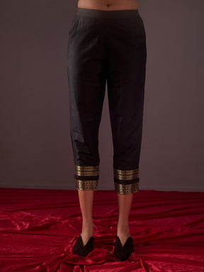 Pegged pants with banarasi zari border-Metallic black