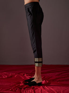 Pegged pants with banarasi zari border-Metallic black
