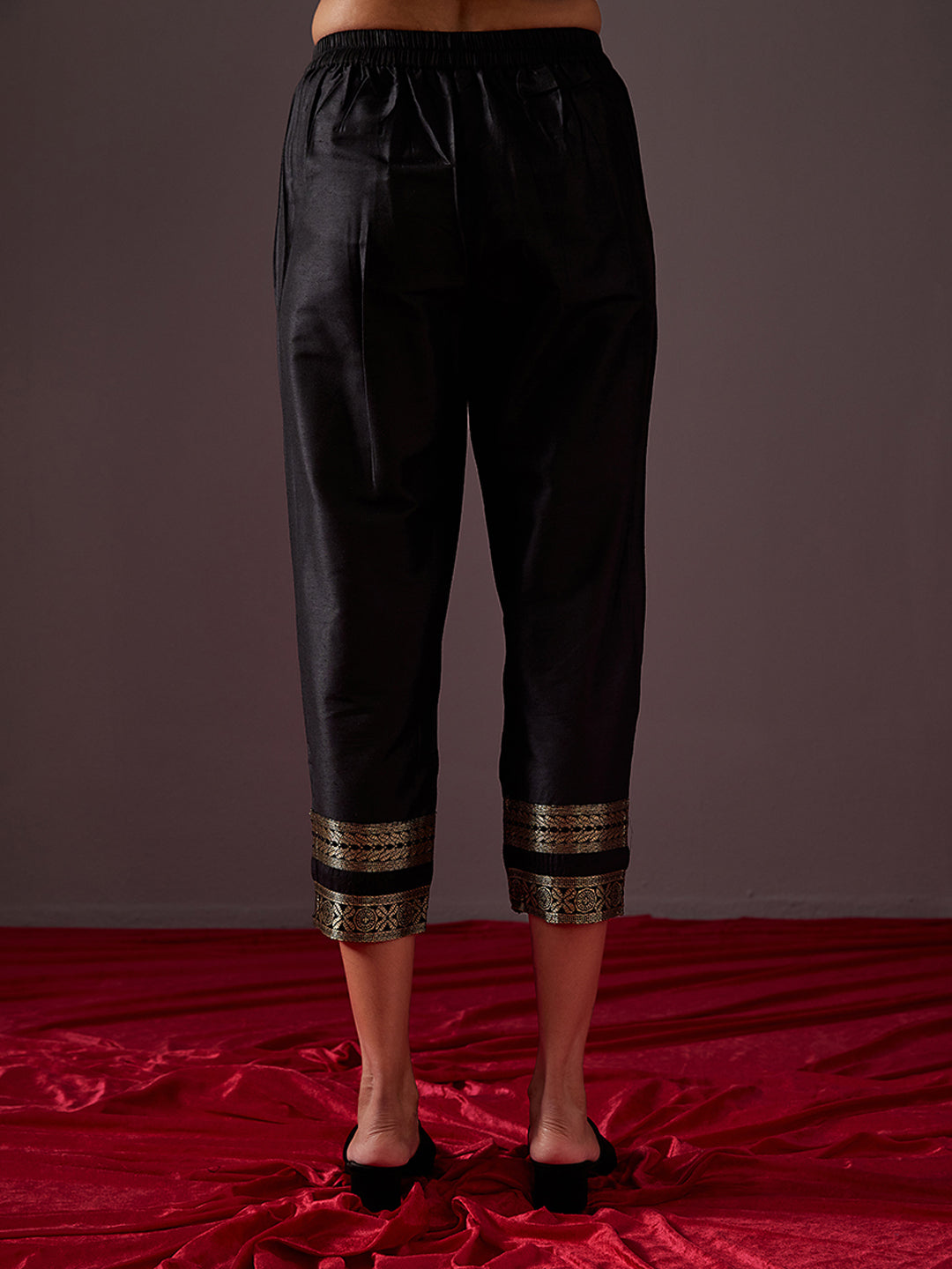 Pegged pants with banarasi zari border-Metallic black