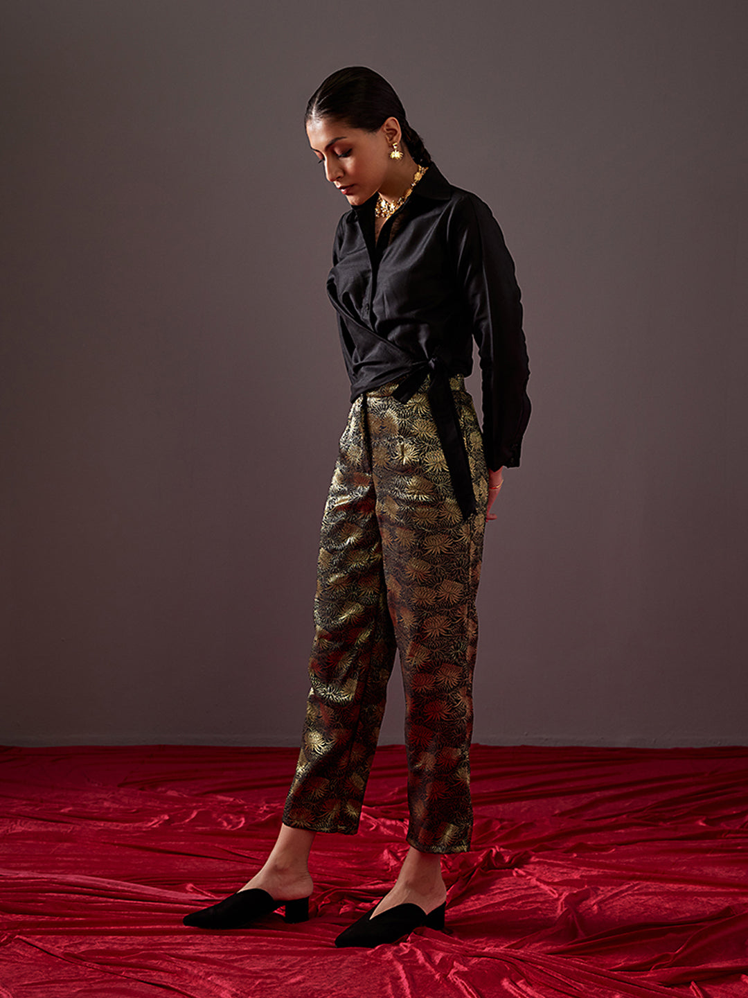 Buttoned up wrap shirt with overlapping tie-up-metallic black