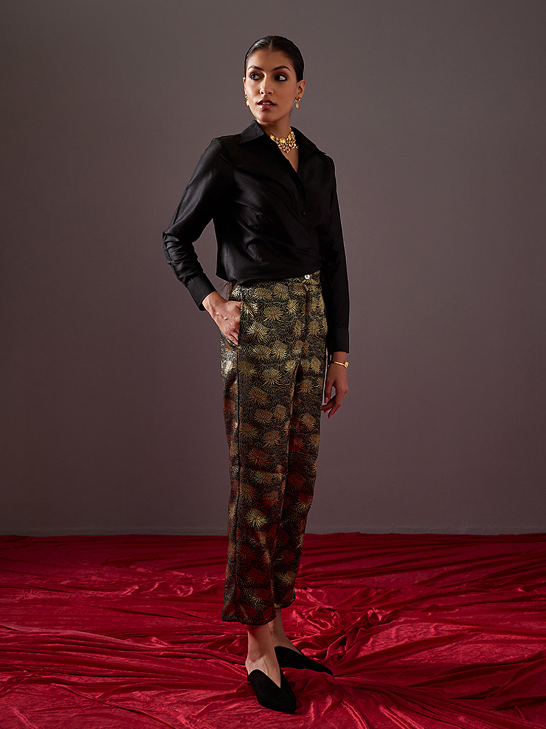 Buttoned up wrap shirt with overlapping tie-up-metallic black