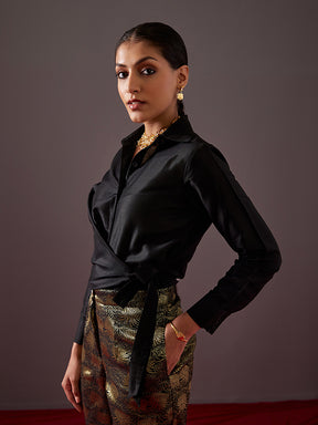 Buttoned up wrap shirt with overlapping tie-up-metallic black