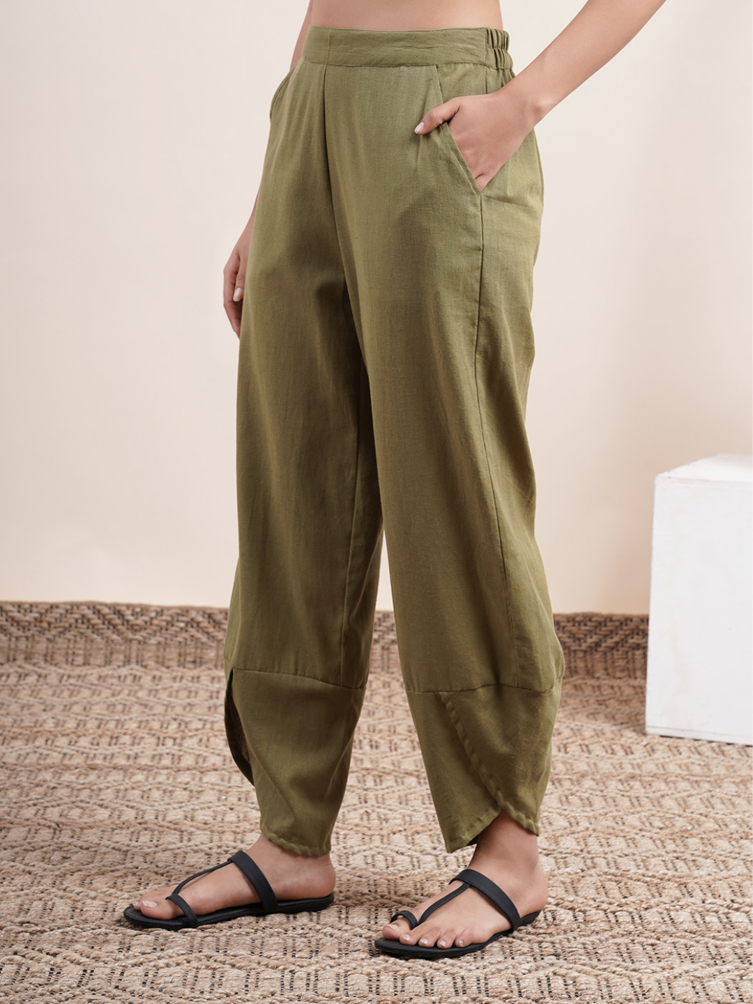 Olive Green- overlapped hem pants