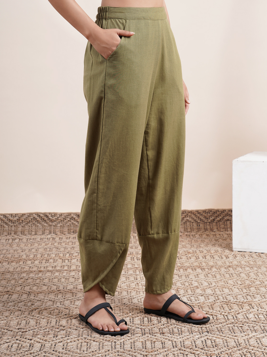 Olive Green- overlapped hem pants
