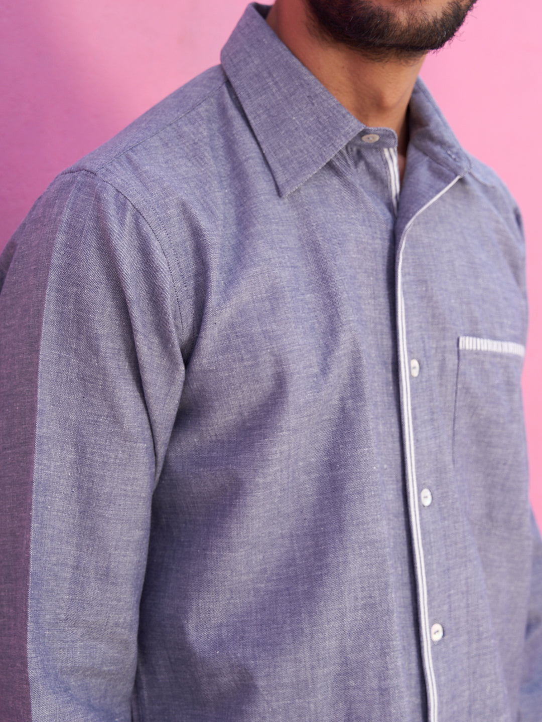 Chambray classic collar shirt with contrast piping