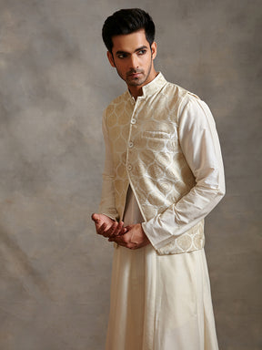 Banarasi zari jacket with paneled anarkali kurta & pants-ivory