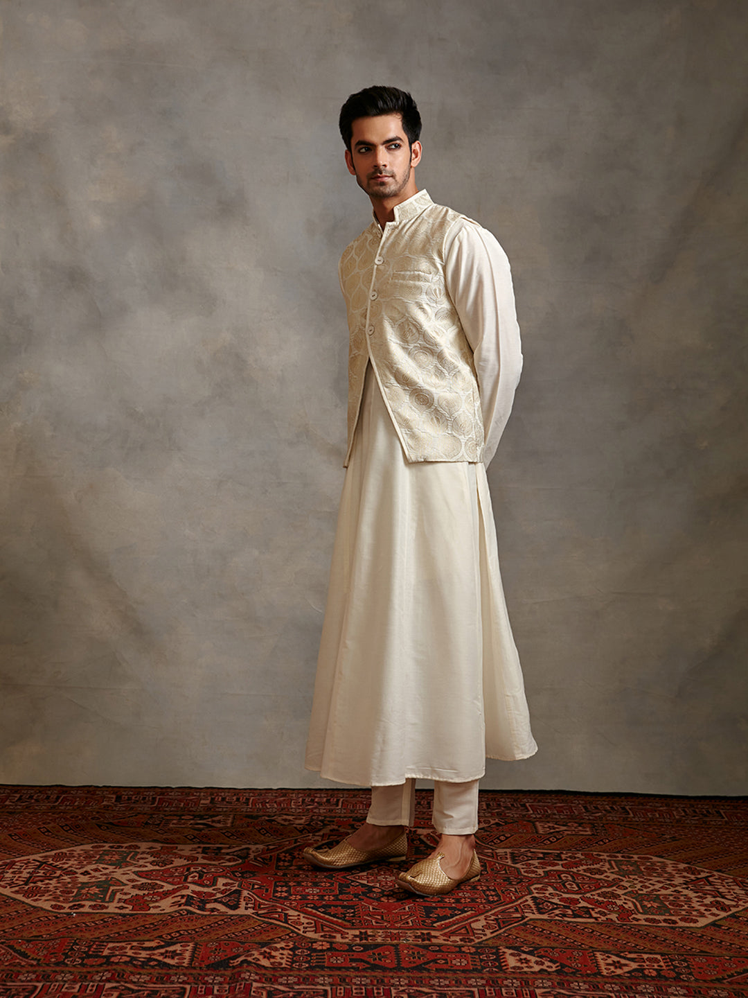 Banarasi zari jacket with paneled anarkali kurta & pants-ivory