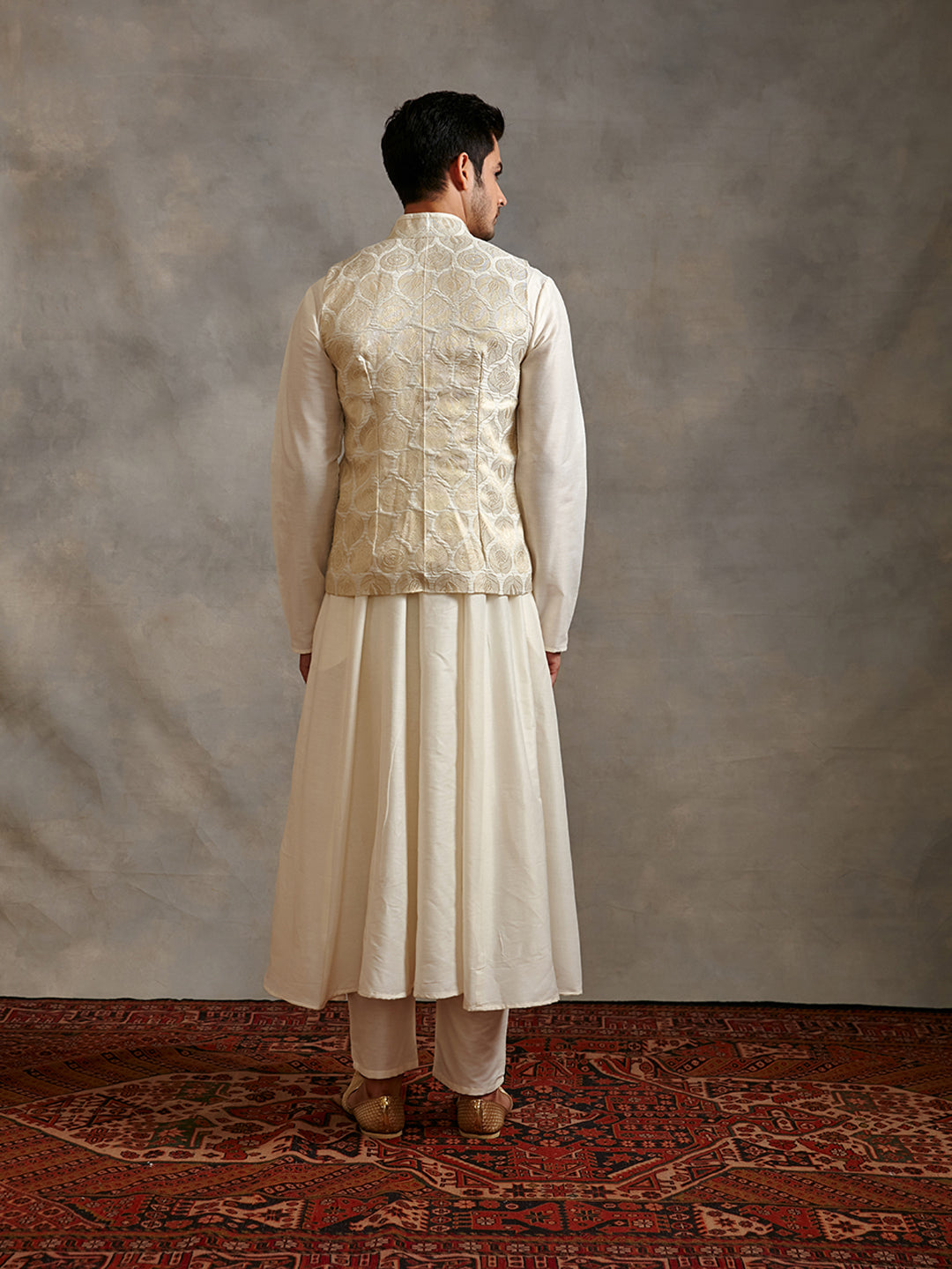Banarasi zari jacket with paneled anarkali kurta & pants-ivory