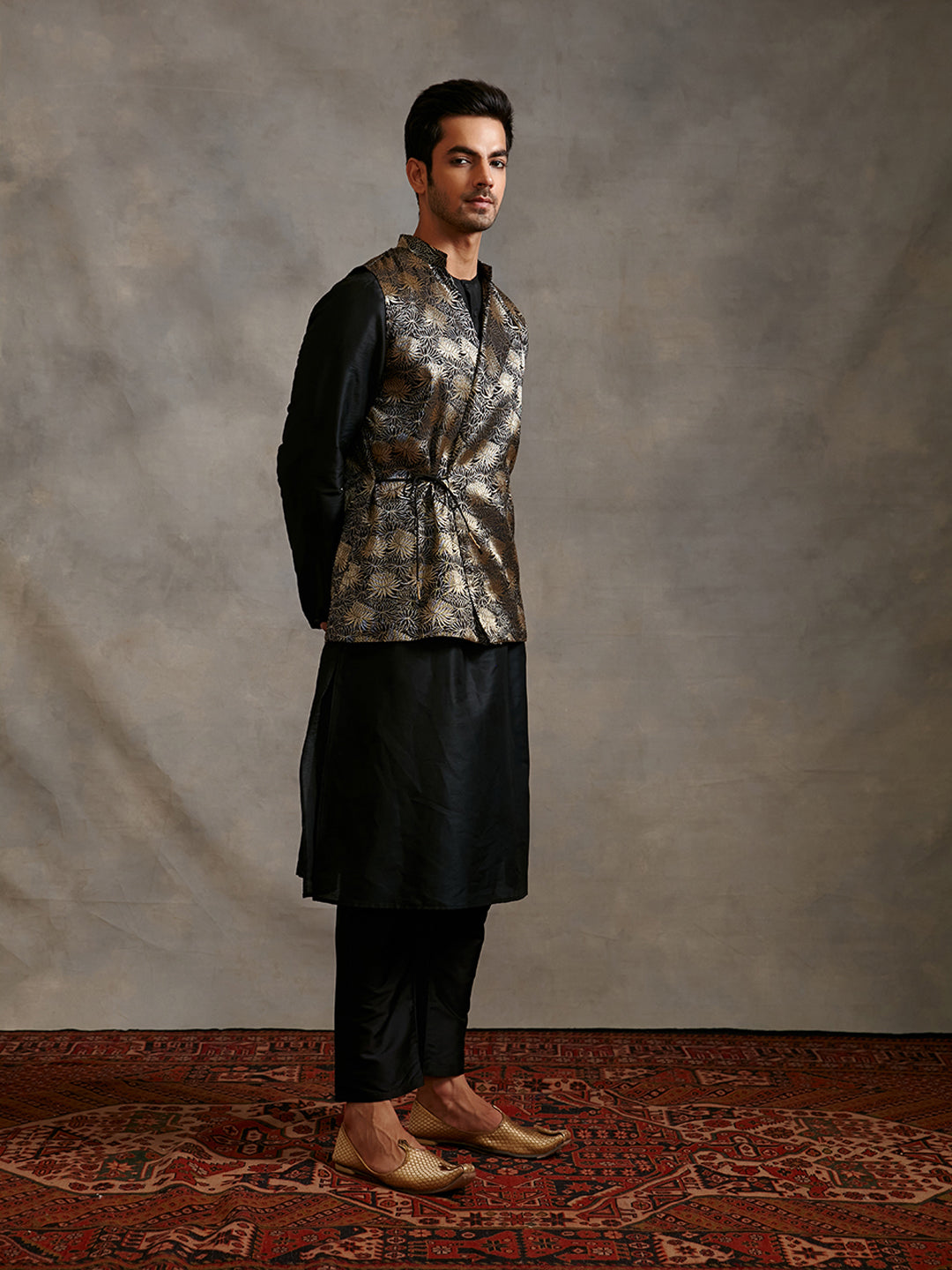 Banarasi kurta with overlapped zari jacket & straight pants-metallic black