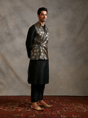 Banarasi kurta with overlapped zari jacket Set - metallic black