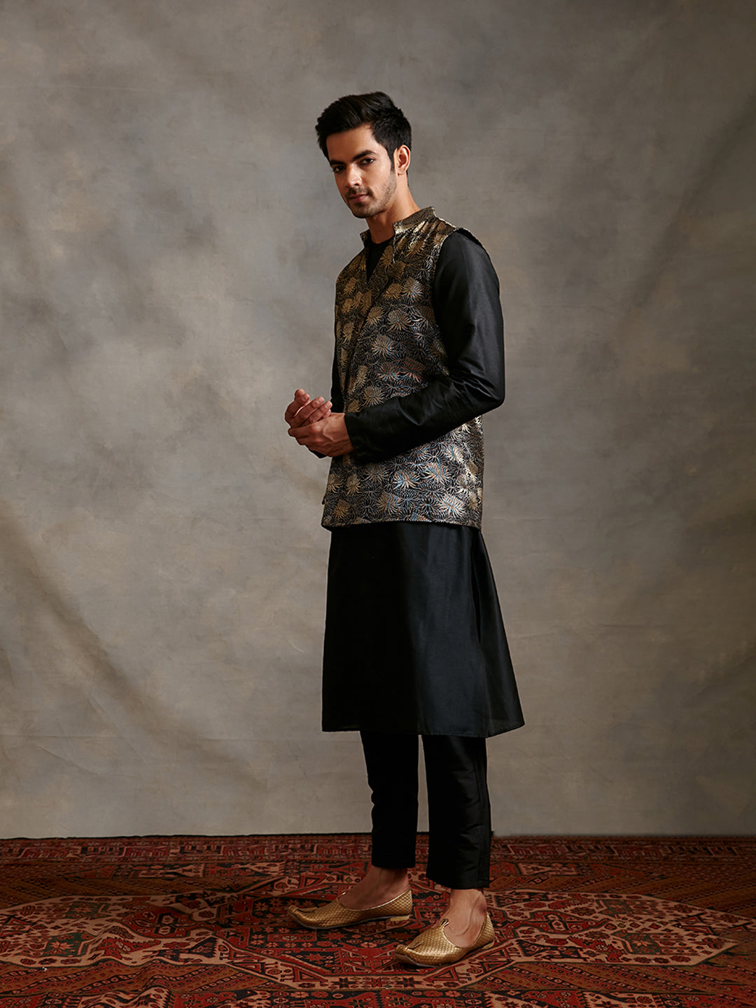 Banarasi kurta with overlapped zari jacket & straight pants-metallic black