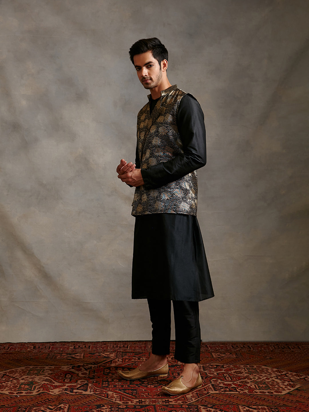 Banarasi kurta with overlapped zari jacket Set - metallic black