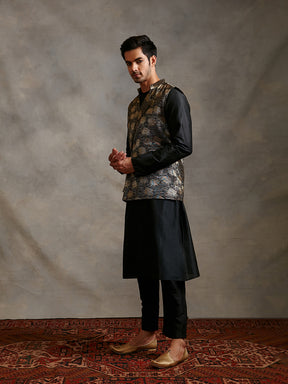 Banarasi kurta with overlapped zari jacket & straight pants-metallic black