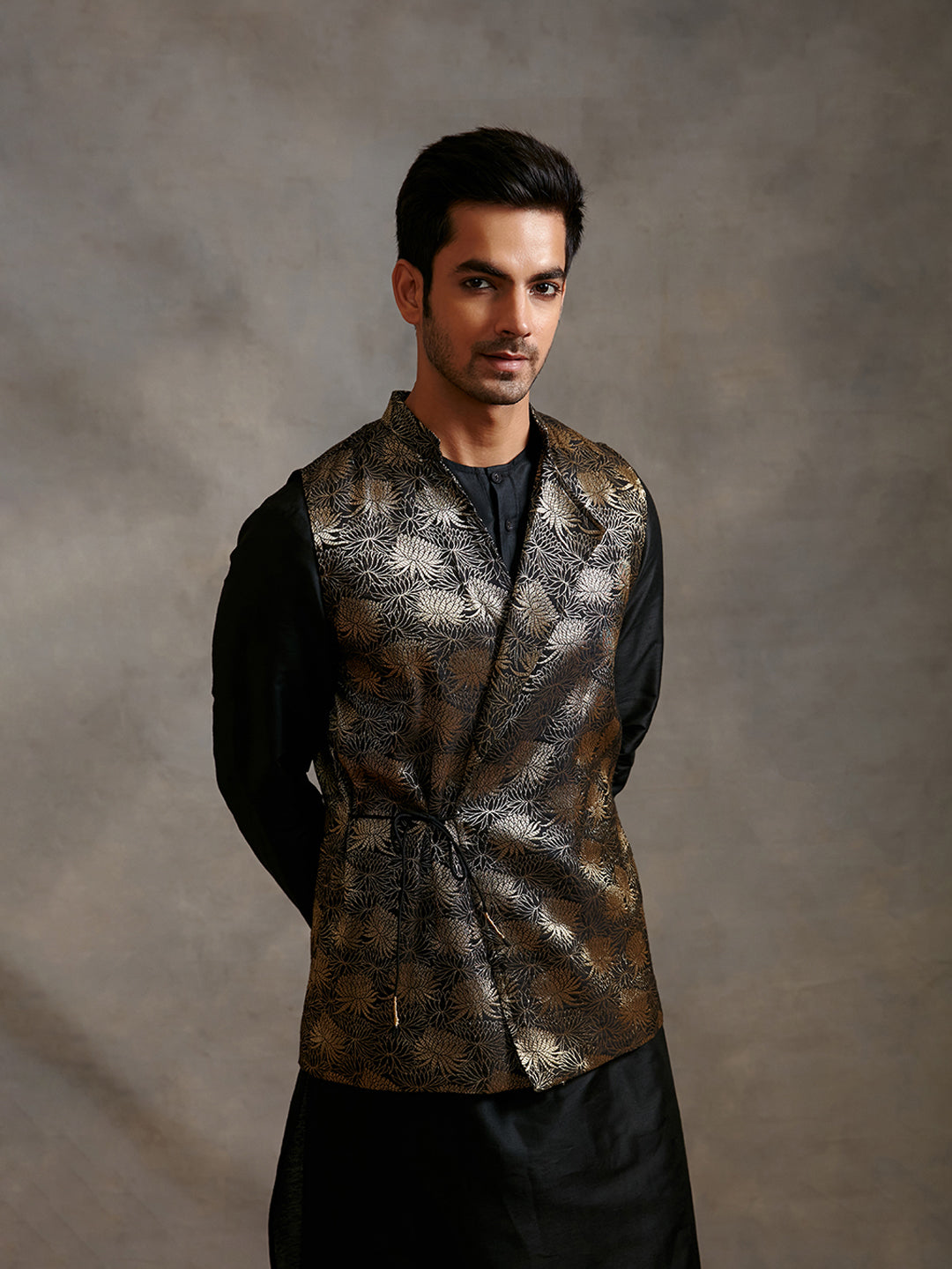 Banarasi kurta with overlapped zari jacket & straight pants-metallic black