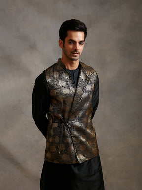 Banarasi kurta with overlapped zari jacket & straight pants-metallic black