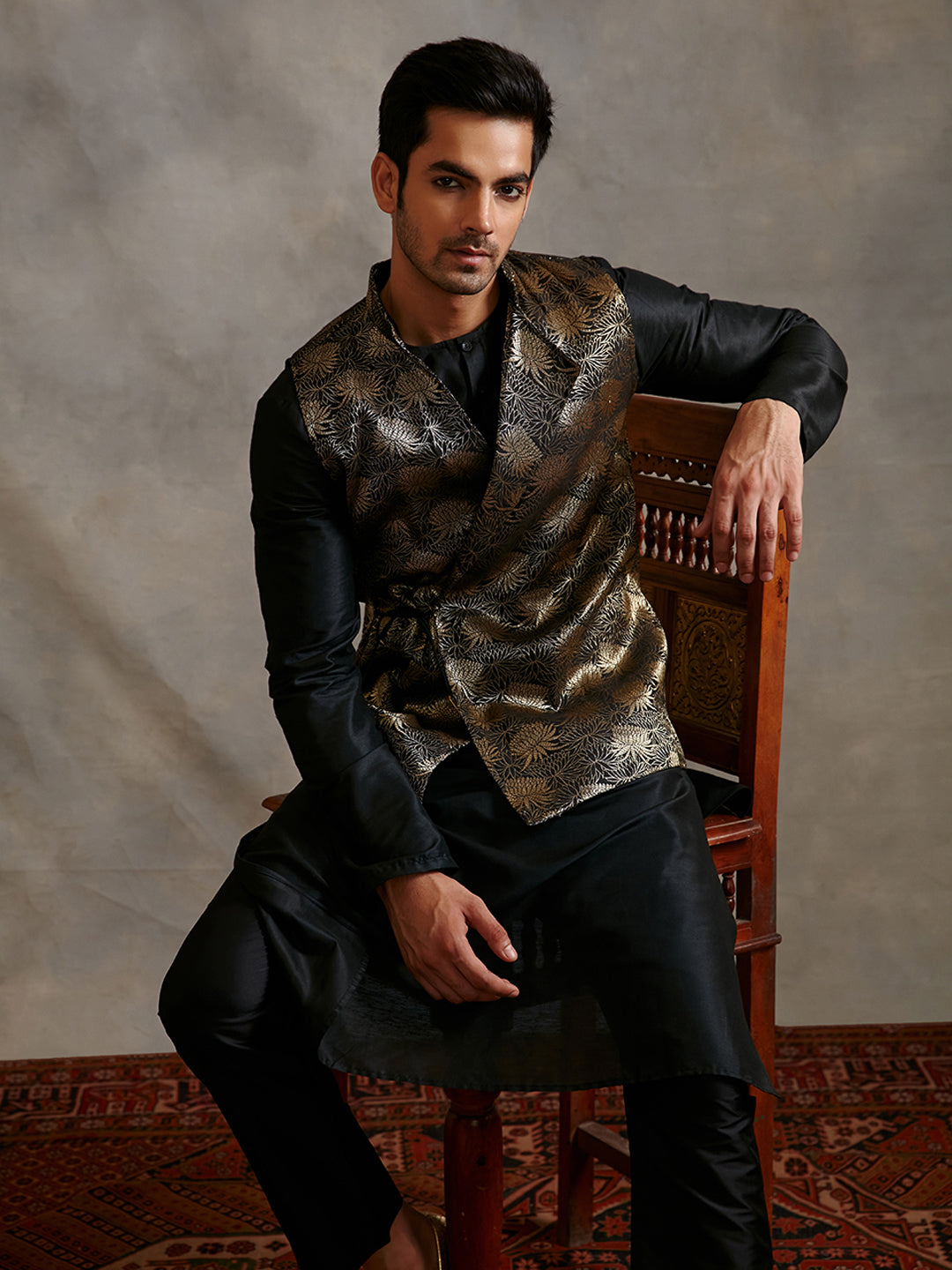 Banarasi kurta with overlapped zari jacket & straight pants-metallic black