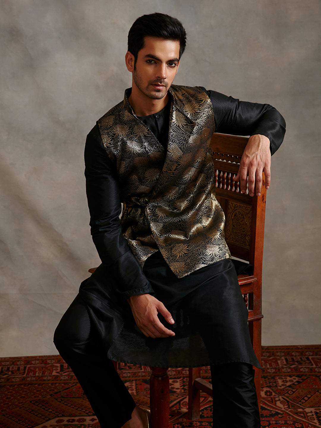 Banarasi kurta with overlapped zari jacket Set - metallic black