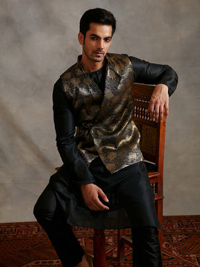 Banarasi kurta with overlapped zari jacket & straight pants-metallic black
