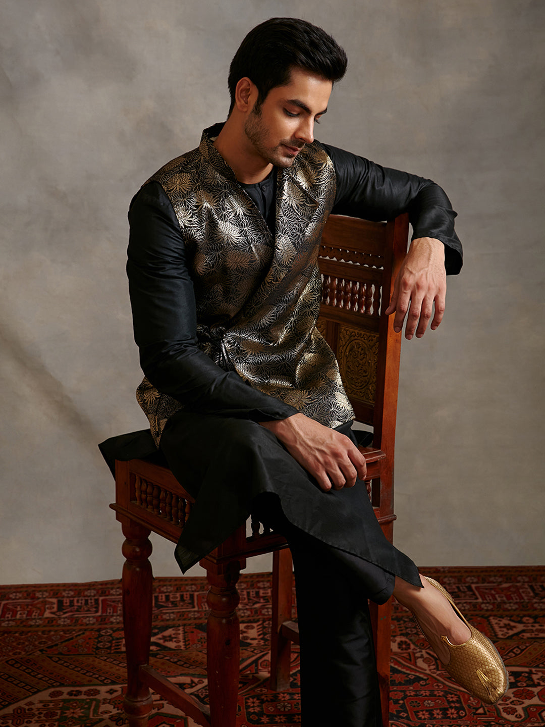 Banarasi kurta with overlapped zari jacket & straight pants-metallic black