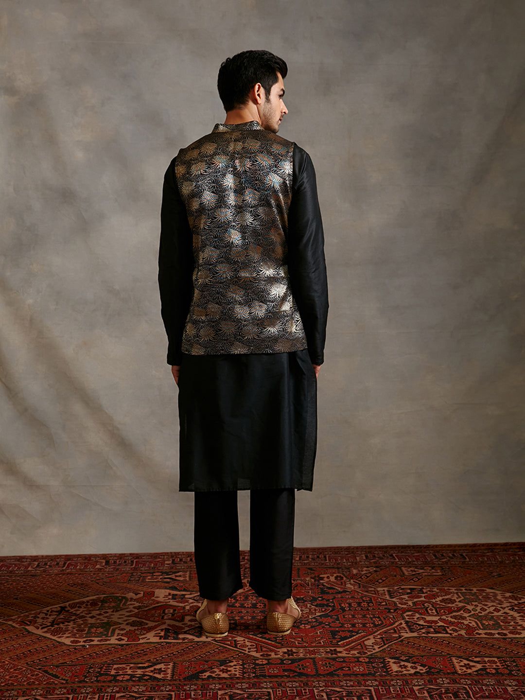 Banarasi kurta with overlapped zari jacket & straight pants-metallic black