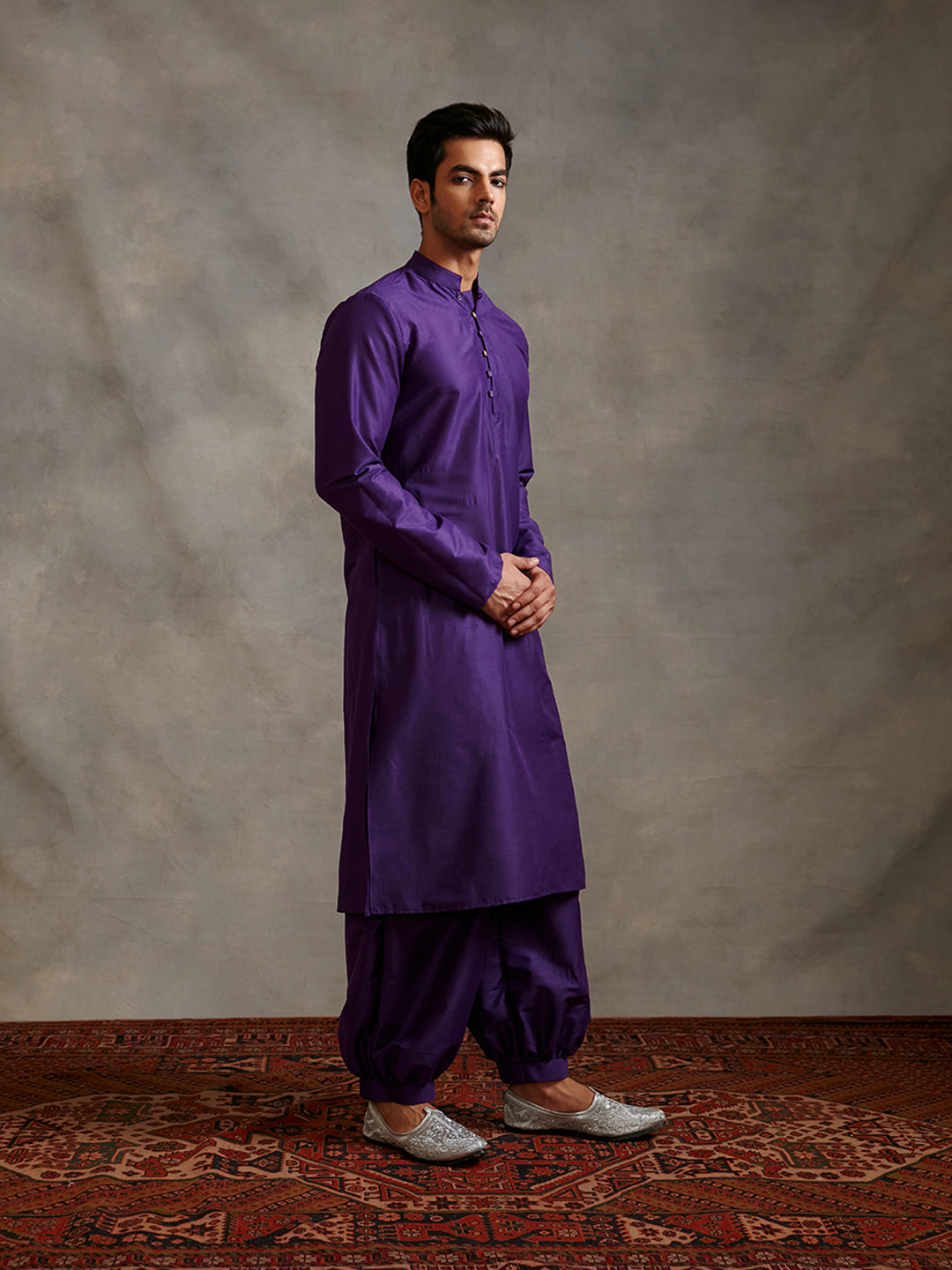 Banarasi kurta with Mandarin collar-Royal purple