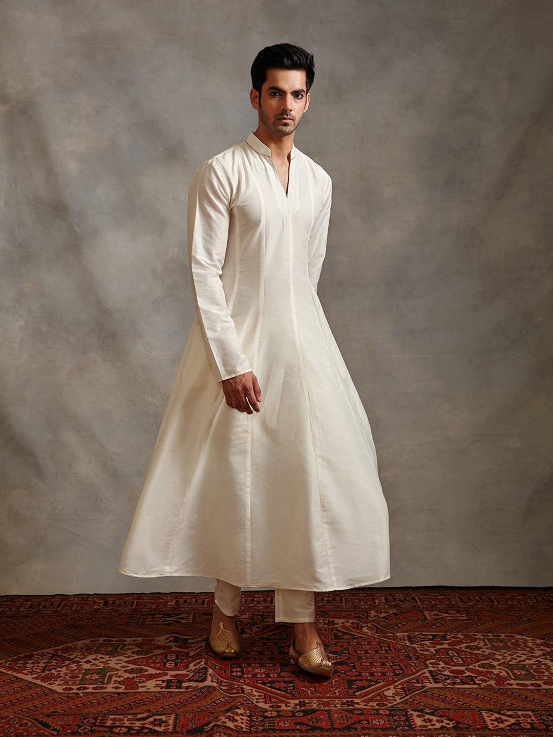 Banarasi paneled Anarkali kurta-pearl white