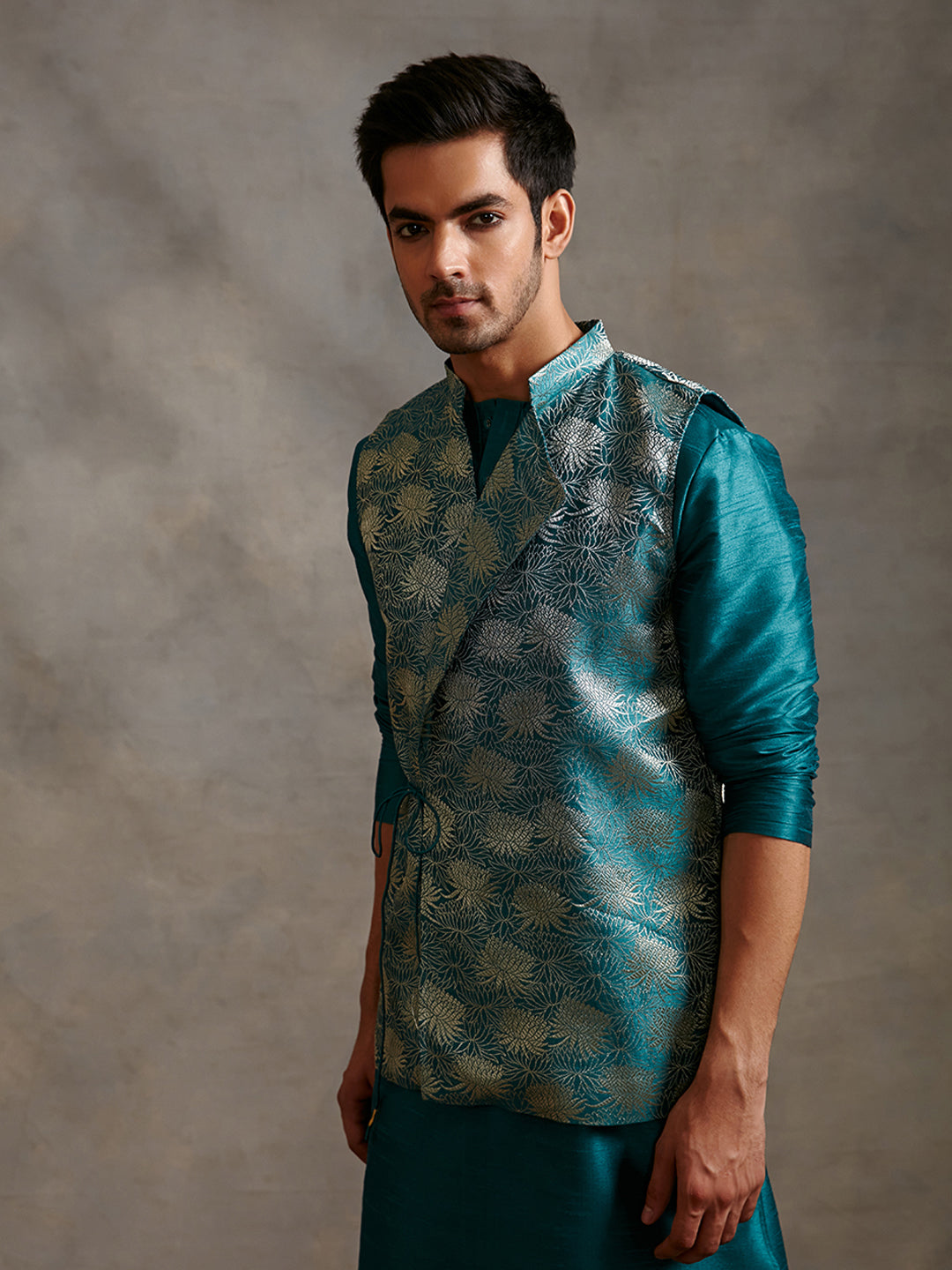 Banarasi kurta with overlapped zari jacket & straight pants- Teal Blue