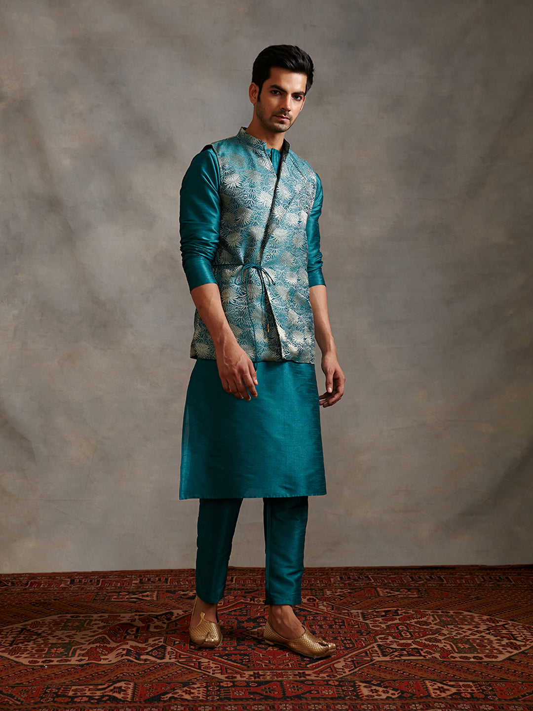 Banarasi kurta with overlapped zari jacket Set - Teal Blue