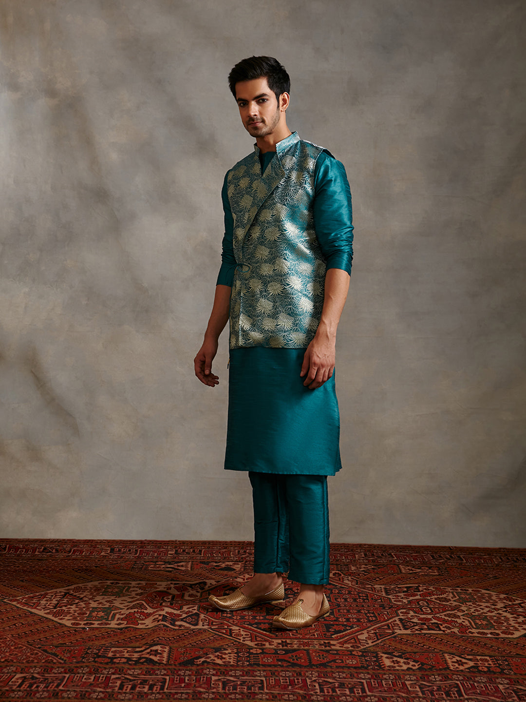 Banarasi kurta with overlapped zari jacket Set - Teal Blue